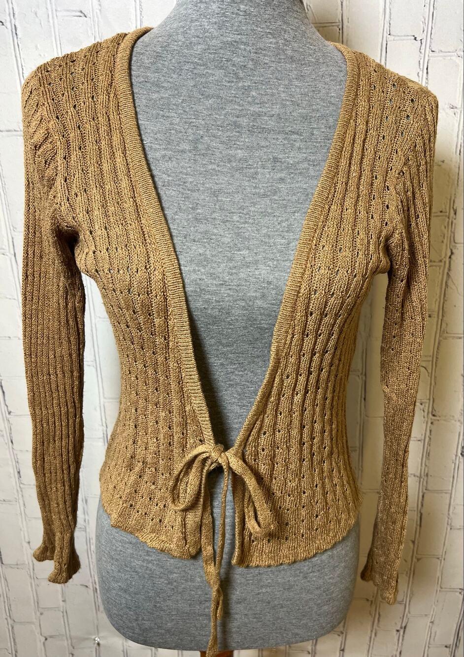 Fever Women’s Medium Camel Pointelle Knit Tie Front Cardigan Y2K Boho